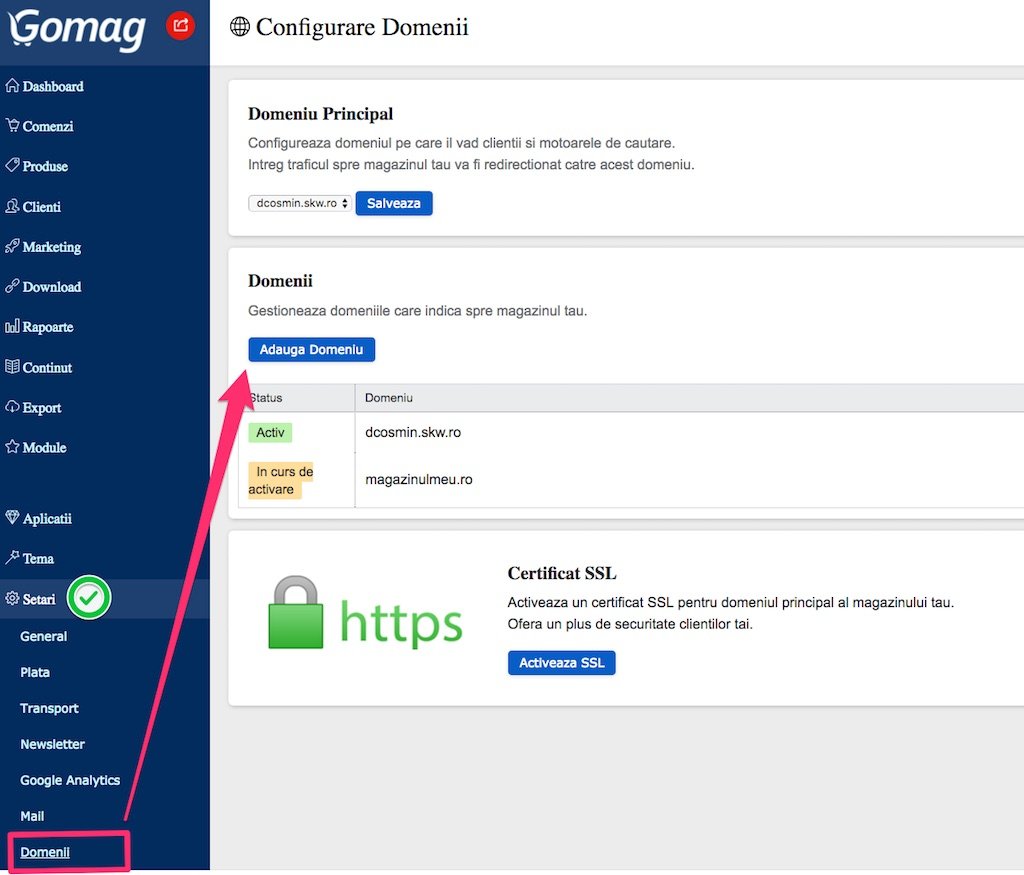setare activare domeniu magazin online