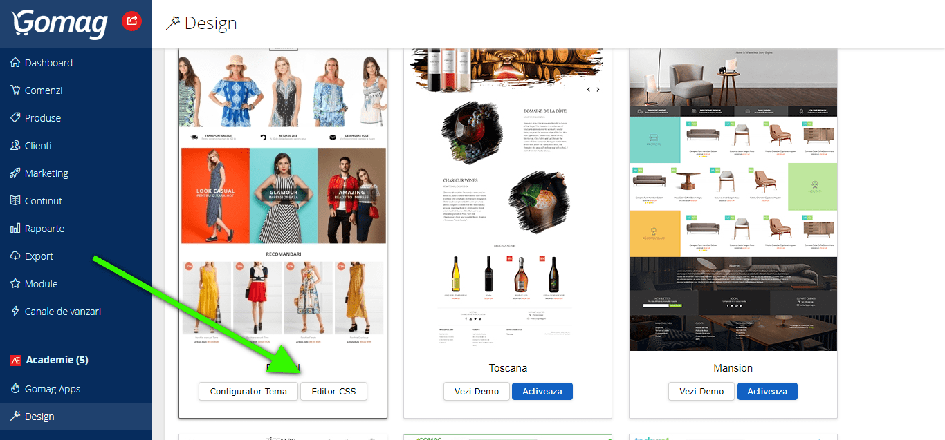 Editor CSS pentru tema magazin pe Gomag