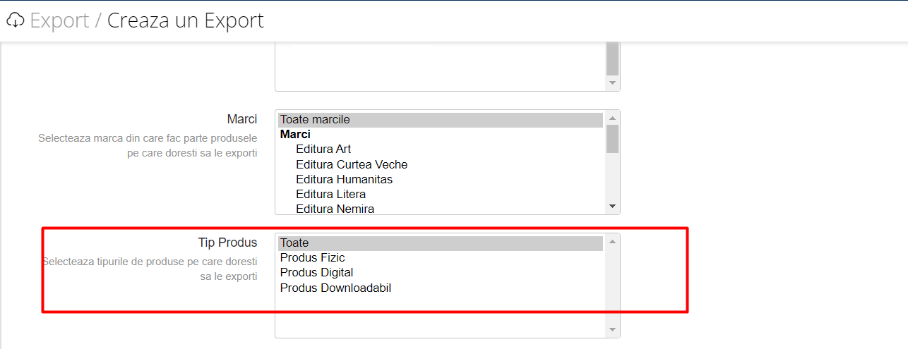 13. Se pot exporta produsele in functie de tip